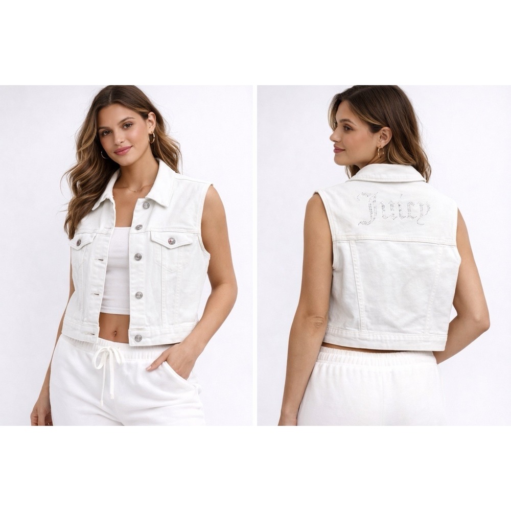 Juicy Couture White Denim Vest Rhinestone Juicy Back Y2K Cropped Jean Vest - Picture 1 of 6
